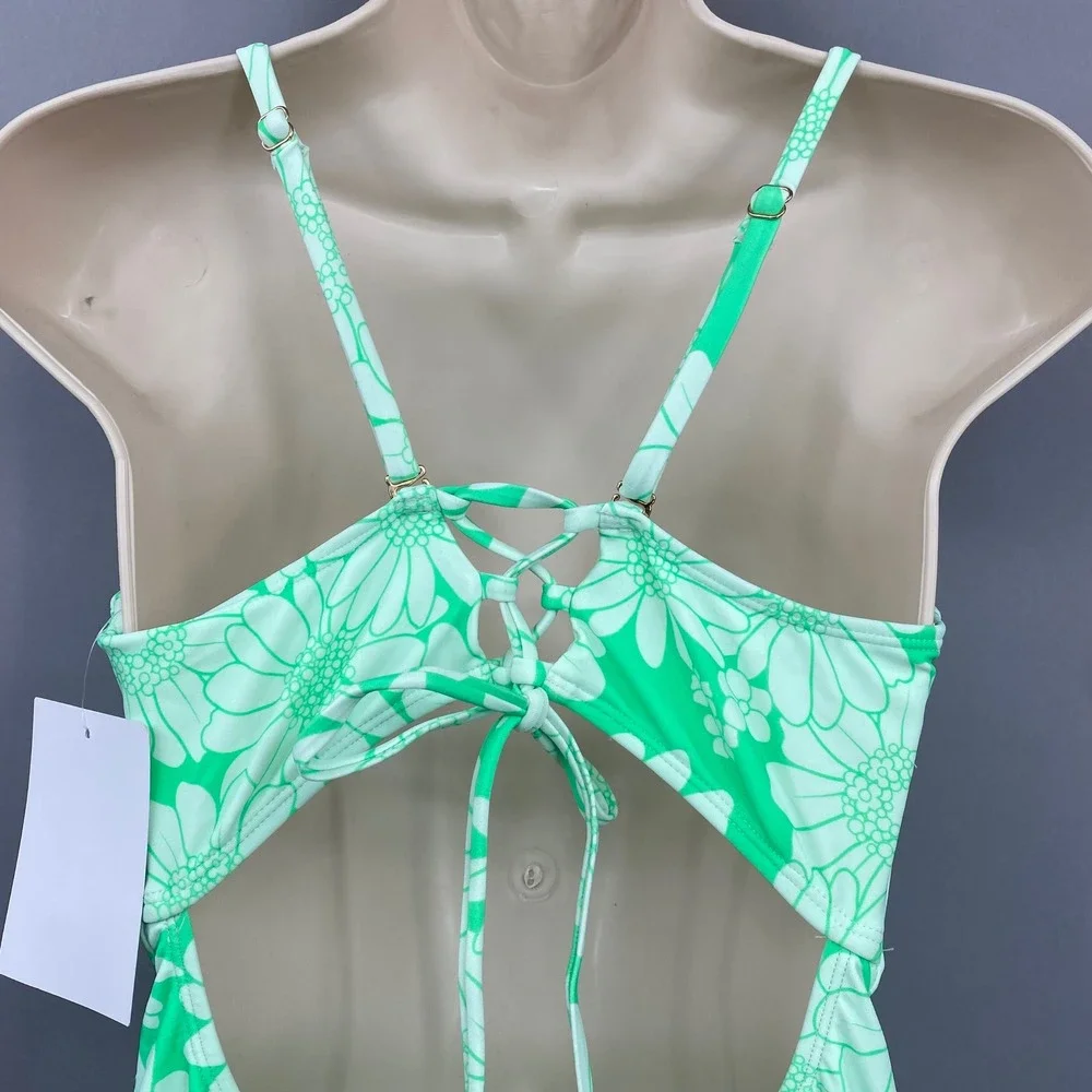 California Sunshine Womens Floral One Piece Swimsuit Lime Green White XL CS22006